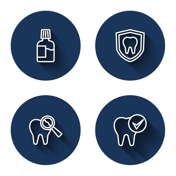 设置线漱口水，牙齿保护，断牙和牙齿长影。蓝色圆按钮。向量图片下载