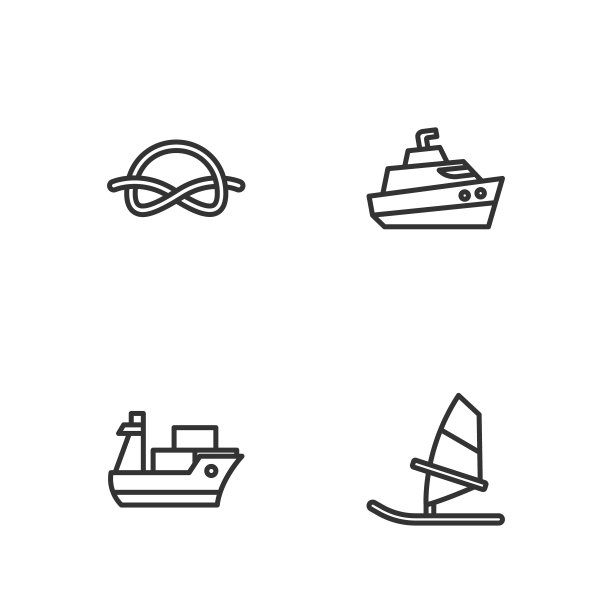 设置线风帆冲浪，货船，航海绳结和快艇图标。向量图片下载