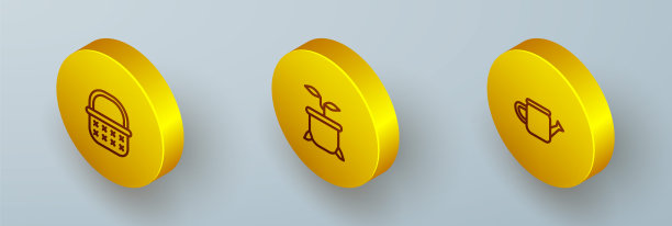 设置等距线柳条篮子，盆栽和浇水罐图标。向量图片下载