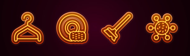 设置线衣架衣柜，洗碗，拖把和细菌。发光的霓虹灯图标。向量图片下载