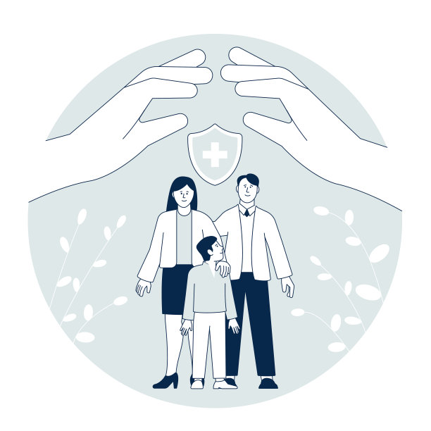 家庭保险。安全人健康，父母和孩子在伞下。安全的生活私人医疗支持女人、男人和孩子，最近的矢量概念图片下载