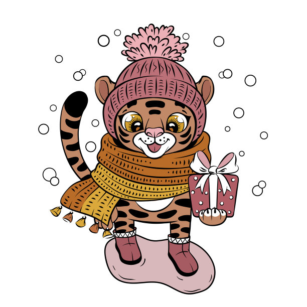 卡通老虎针织帽子和围巾与礼品图片下载