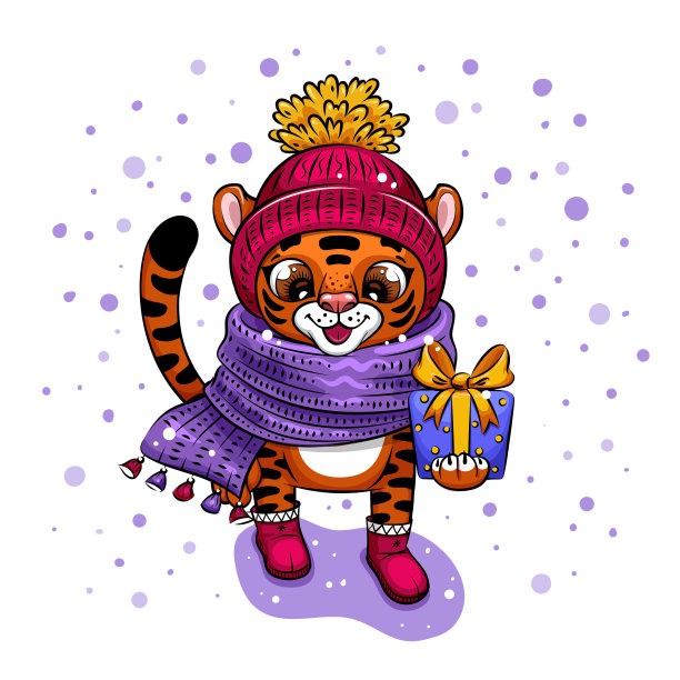 带着温暖帽子的卡通老虎带着礼物图片下载
