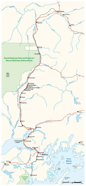铁路地图费尔班克斯到苏厄德，阿拉斯加，美国图片下载