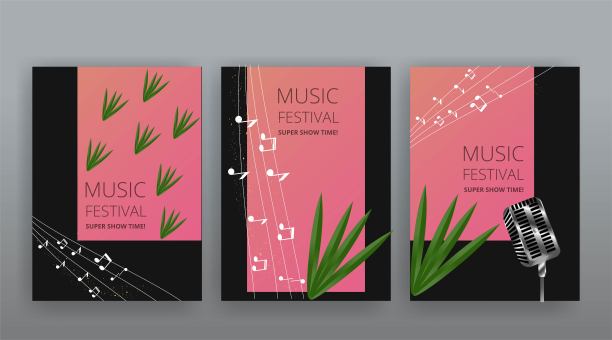 音乐节夜场演出海报，电影院和剧院大厅配有天鹅绒窗帘的座位。闪亮的灯泡和豪华的传单，发光的聚光灯图片下载