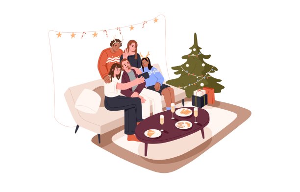 在家里庆祝新年的聚会上，朋友们用手机共同自拍。男人和女人在圣诞节坐在沙发上。平面图形矢量插图孤立的白色背景图片下载