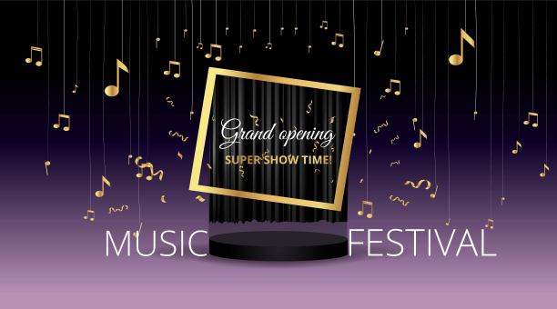 音乐节夜场演出海报，电影院和剧院大厅配有天鹅绒窗帘的座位。闪亮的灯泡和豪华的传单，发光的聚光灯图片下载