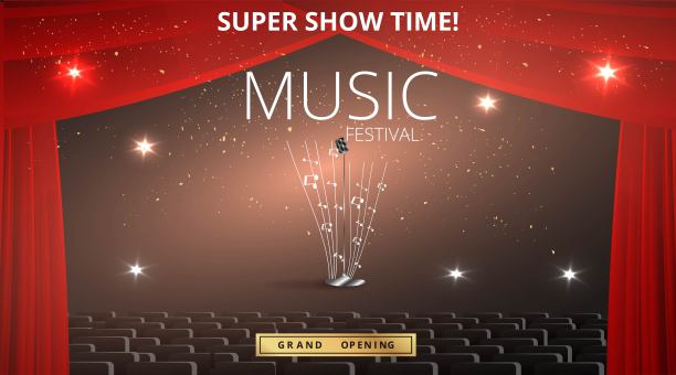 音乐节夜场演出海报，电影院和剧院大厅配有天鹅绒窗帘的座位。闪亮的灯泡和豪华的传单，发光的聚光灯图片下载