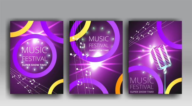 音乐节夜场演出海报，电影院和剧院大厅配有天鹅绒窗帘的座位。闪亮的灯泡和豪华的传单，发光的聚光灯图片下载