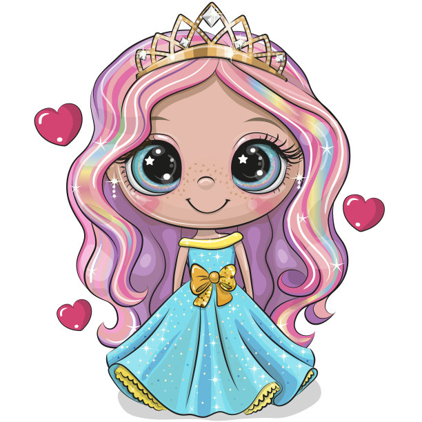 小公主穿着蓝色的裙子，白色的背景上有一颗心图片下载