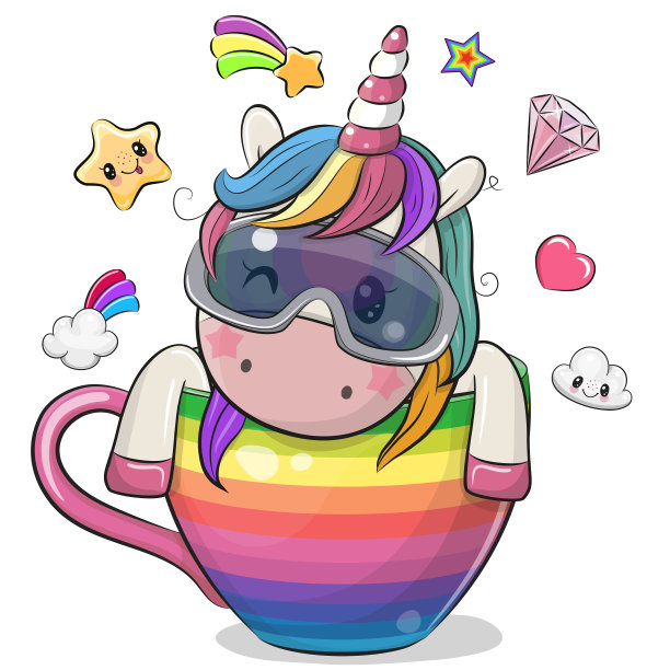 戴着眼镜的卡通独角兽坐在彩虹杯里图片下载