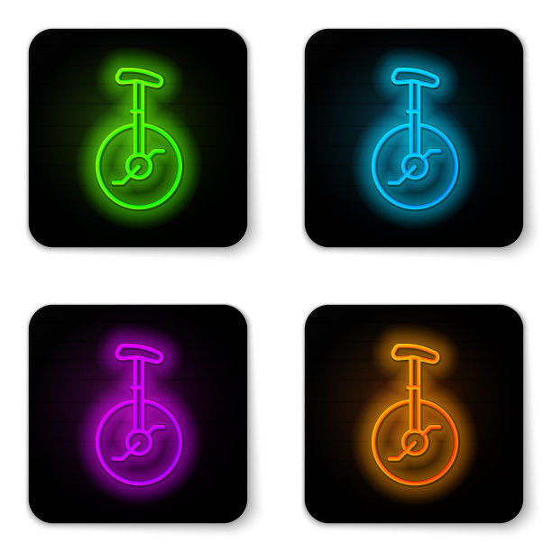 发光的霓虹灯线独轮车或单轮自行车图标孤立在白色的背景。单轮自行车。黑色方形按钮。向量图片下载