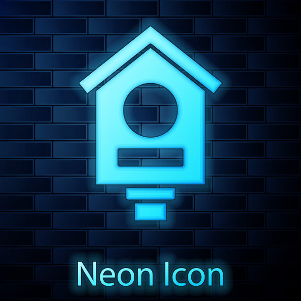 发光的霓虹灯鸟屋图标孤立在砖墙背景。筑巢箱鸟窝，自制的鸟类建筑。向量图片下载