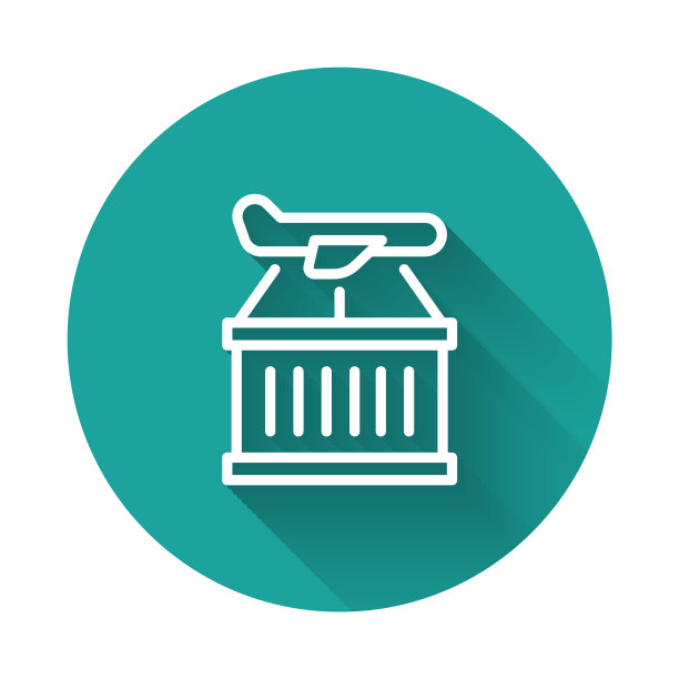 白线平面图标孤立与长阴影背景。交货,运输。空运货物。飞机上有包裹、箱子。绿色圆圈按钮。向量图片下载