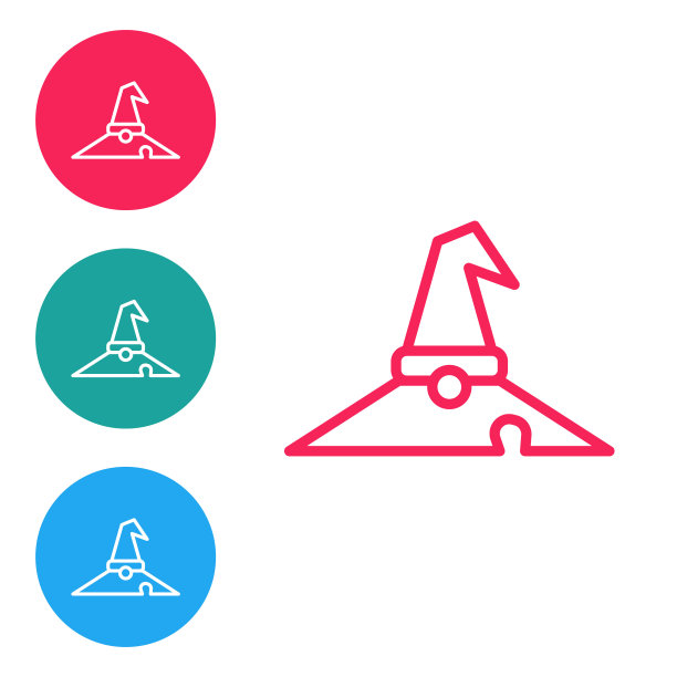 红色线女巫帽图标孤立在白色背景。快乐的万圣节派对。在圆形按钮中设置图标。向量图片下载