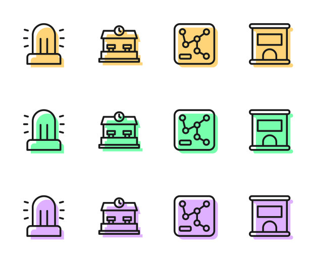 设置线路铁路地图，闪光警报器，车站和售票处购买车票的图标。向量图片下载