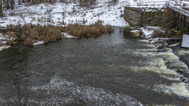 初冬阴天的一条小河的冬季景观。河中有干草的结晶。图片下载