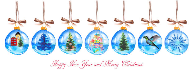 一组圣诞玻璃球，白色背景上有圣诞树、雪花、房屋、蜂鸟和礼物。为明信片设计的水彩集。图片下载