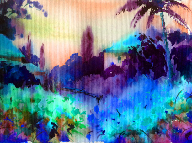 水彩彩色明亮的纹理抽象背景手工制作。地中海风景。描绘海岸上的建筑和植被图片下载