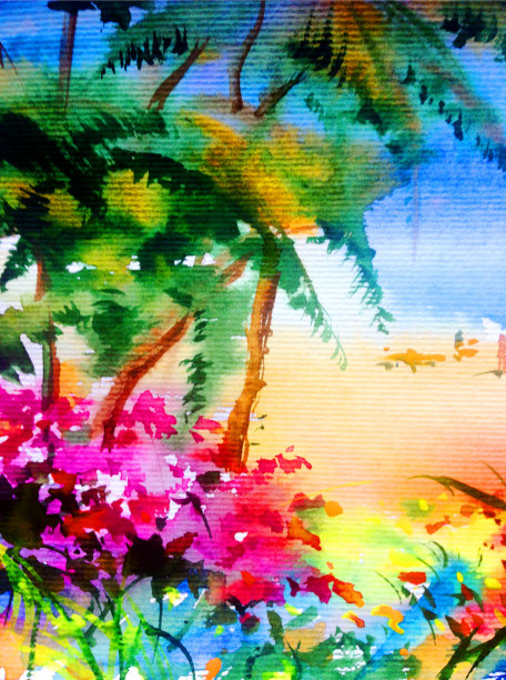 水彩彩色明亮的纹理抽象背景手工制作。地中海风景。描绘海岸上的建筑和植被图片下载