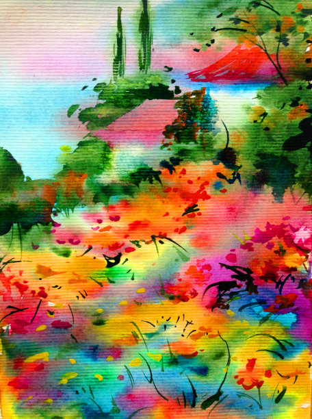 水彩彩色明亮的纹理抽象背景手工制作。地中海风景。描绘海岸上的建筑和植被图片下载