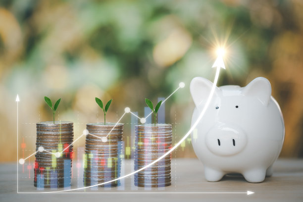 硬币和存钱罐的堆砌金融和商业背景。采购产品储蓄和帐户，金融银行业务概念，投资，基金，债券，股息，利息，在硬币上生长的植物。图片下载