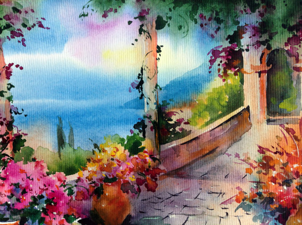 水彩彩色明亮的纹理抽象背景手工制作。地中海风景。描绘海岸上的建筑和植被图片下载