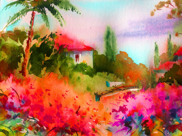 水彩彩色明亮的纹理抽象背景手工制作。地中海风景。描绘海岸上的建筑和植被图片下载