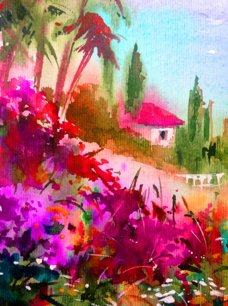 水彩彩色明亮的纹理抽象背景手工制作。地中海风景。描绘海岸上的建筑和植被图片下载