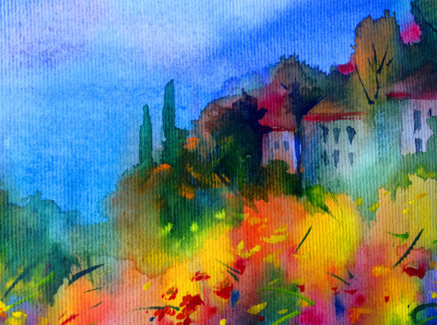 水彩彩色明亮的纹理抽象背景手工制作。地中海风景。描绘海岸上的建筑和植被图片下载