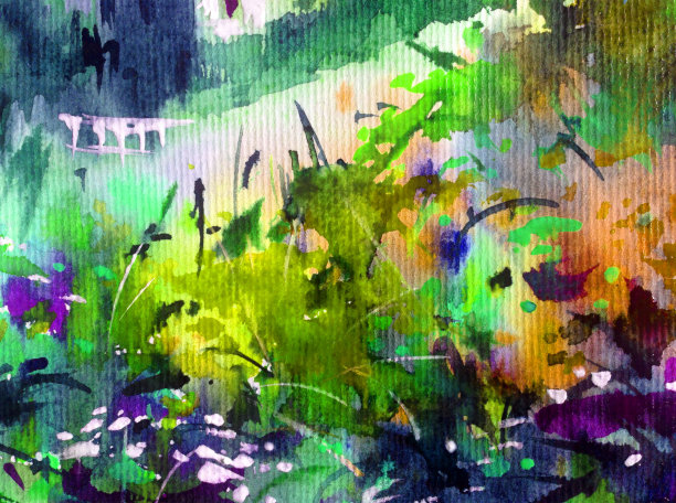 水彩彩色明亮的纹理抽象背景手工制作。地中海风景。描绘海岸上的建筑和植被图片下载