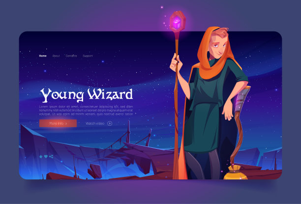 年轻的巫师拿着魔法杖和扫帚站在岩石上图片下载