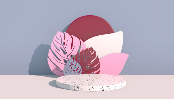 模型，讲台，展示与monstera叶子热带植物背景，3d渲染图片下载