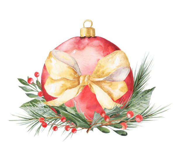水彩红色圣诞球与弓，浆果和冷杉枝在白色的背景。圣诞季节的水彩画构图。图片下载