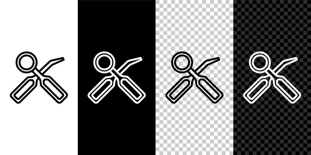 设置线牙科检查镜和探索者scaler图标孤立于黑白背景。牙科检查工具。向量图片下载