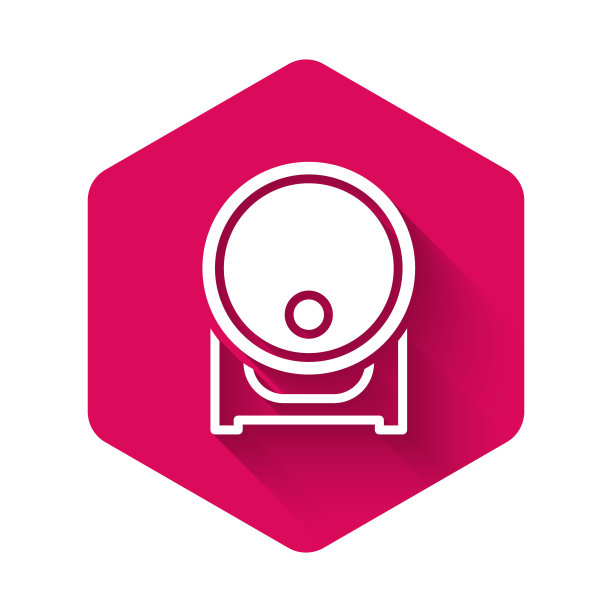 白色木桶在机架上与水龙头图标孤立与长阴影背景。粉红色的六角按钮。向量图片下载