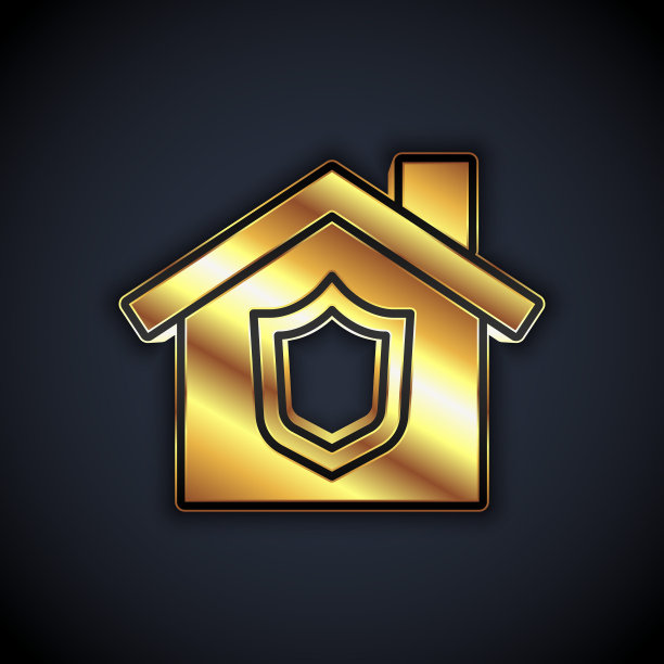 金色房子与盾牌图标孤立的黑色背景。保险的概念。安全、安全、保护、保护的理念。向量图片下载