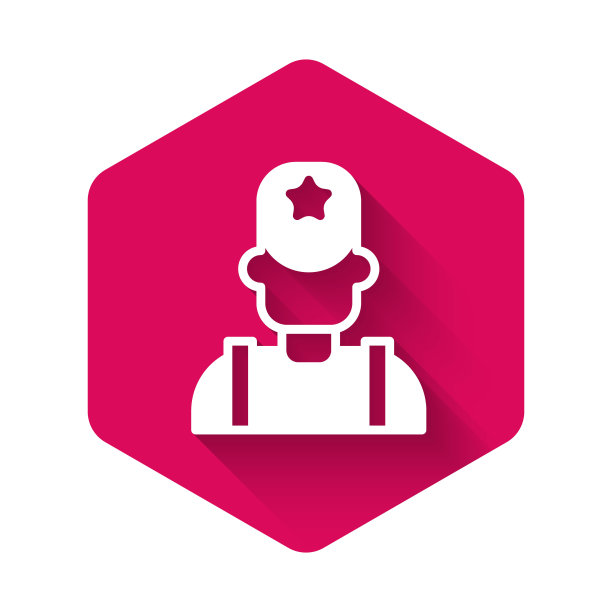 白色警长牛仔帽与星徽章图标孤立与长阴影背景。警察。粉红色的六角按钮。向量图片下载