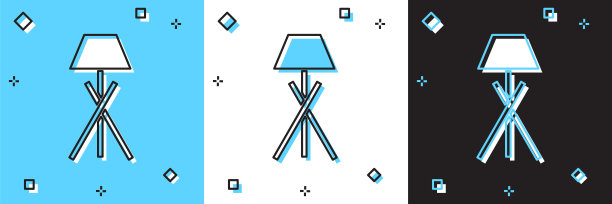 设置落地灯图标孤立的蓝色和白色，黑色背景。向量图片下载