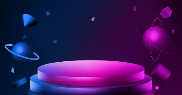 三维渲染霓虹浮动几何体和行星的静物显示图片下载