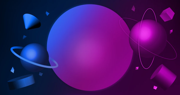 三维渲染霓虹浮动几何体和行星的静物显示图片下载