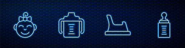 设置线婴儿便盆，小女孩头，奶瓶和。发光的霓虹灯图标在砖墙上。向量图片下载