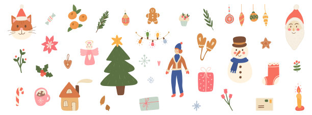 圣诞快乐独特的手绘插图集。节日装饰贺卡，海报，标签。可爱的冬季设计。聚会装饰。圣诞树，圣诞老人，礼物，雪花。矢量图图片下载
