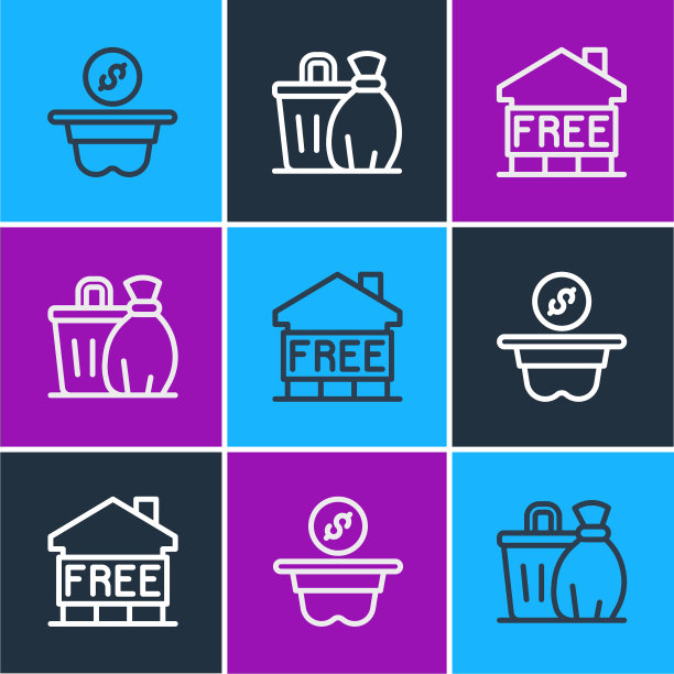 捐款，无家可归者避难所和垃圾桶图标。向量图片下载