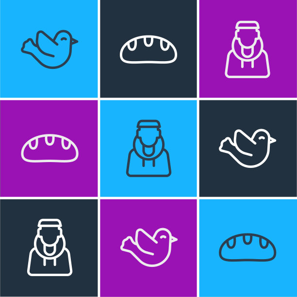 设置线条鸽子，和尚和面包的面包图标。向量图片下载