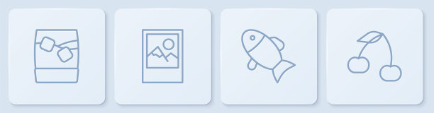 玻璃威士忌冰，鱼，相框和樱桃。白色正方形按钮。向量图片下载