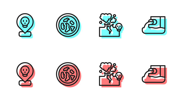 有毒气体或烟雾，放射性位置，有细菌的培养皿和废水图标。向量图片下载