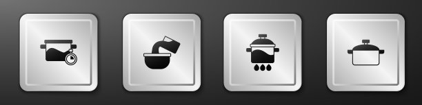 设置烹饪锅，炖锅，和图标。银广场按钮。向量图片下载