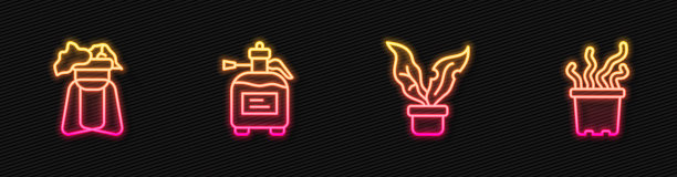 盆栽，立株，花园施肥喷雾器，热带异域植物。发光的霓虹灯图标。向量图片下载