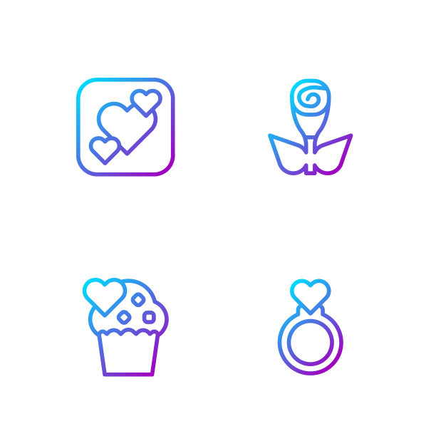 结婚戒指，蛋糕，心和花玫瑰。渐变颜色图标。向量图片下载